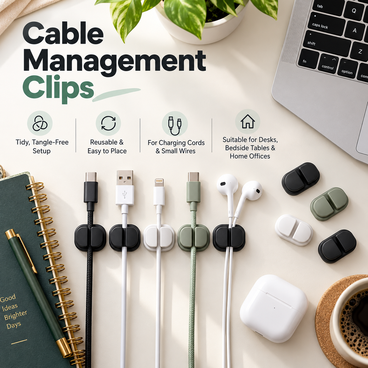 TRUPEM Cable Management Clips | Reusable Adhesive Cable Organizer Design | Keeps Charging Cords Tidy, Tangle-Free & Within Reach | Durable Flexible Construction | Suitable for Desks, Bedside Tables & Home Offices