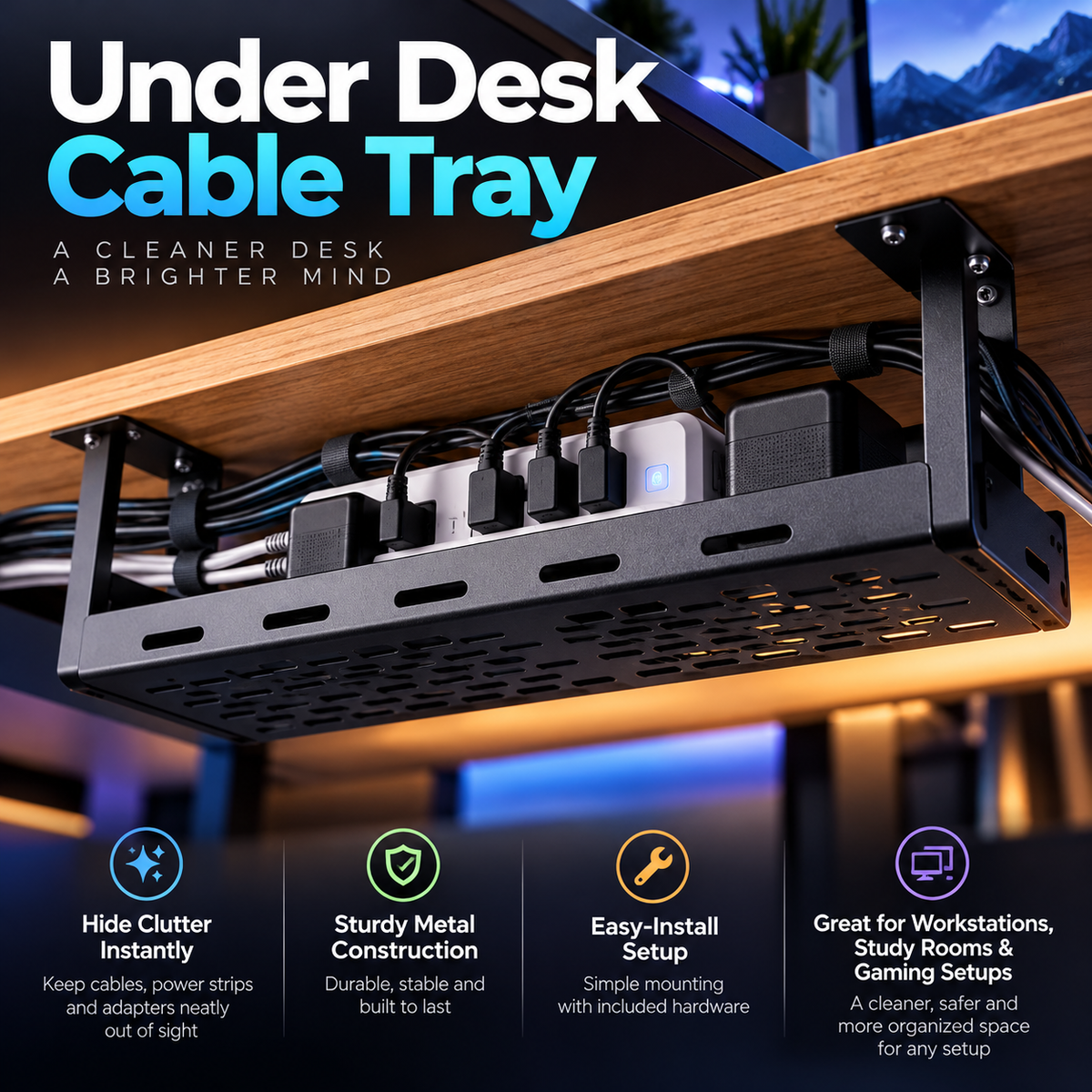 TRUPEM Under Desk Cable Tray | Space-Saving Under-Table Storage Design | Hides Power Strips, Cords & Adapters Out of Sight | Sturdy Easy-Install Construction | Suitable for Workstations, Study Rooms & Gaming Setups