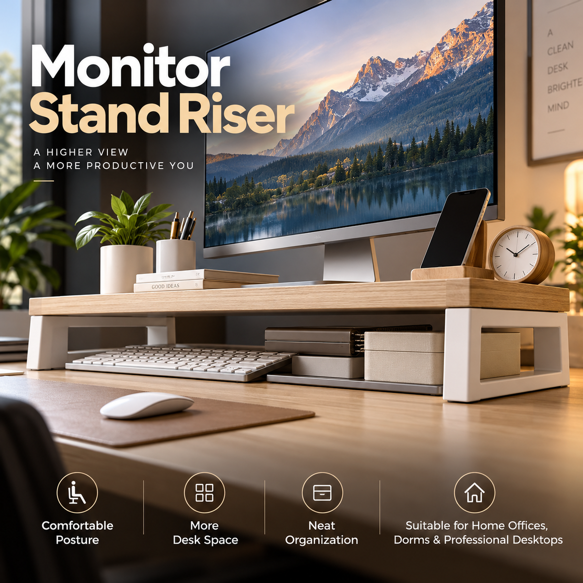 TRUPEM Monitor Stand Riser | Ergonomic Screen Elevation & Storage Design | Supports Comfortable Posture, Extra Desk Space & Neat Organization | Sturdy Easy-Clean Construction | Suitable for Home Offices, Dorms & Professional Desktops