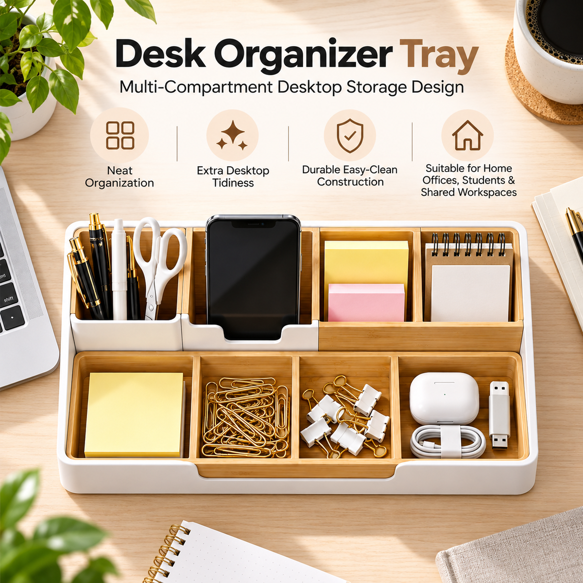 TRUPEM Desk Organizer Tray | Multi-Compartment Desktop Storage Design | Keeps Pens, Notes, Phones & Accessories Neatly Arranged | Durable Easy-Clean Construction | Suitable for Home Offices, Students & Shared Workspaces
