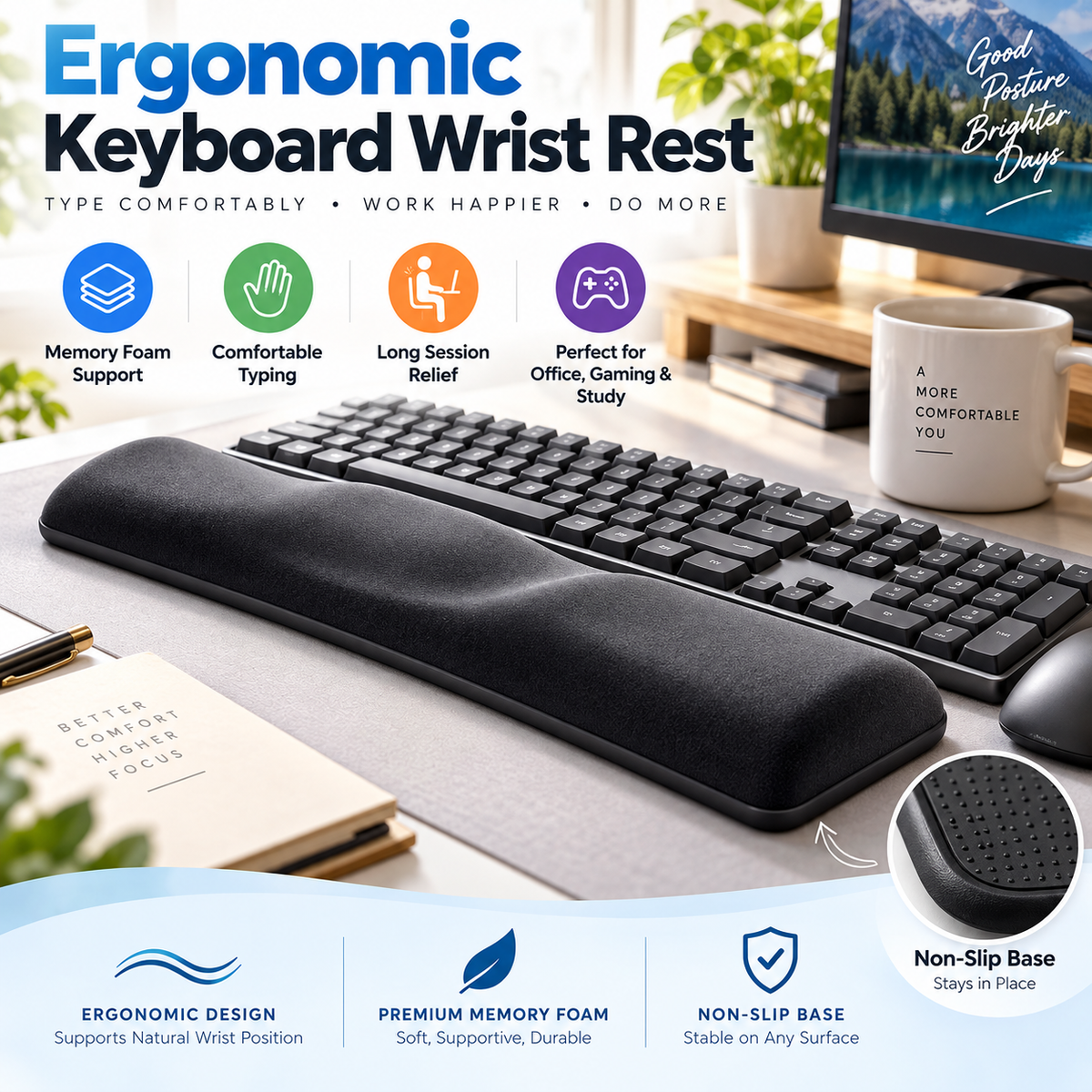 TRUPEM Ergonomic Keyboard Wrist Rest | Memory Foam Palm Support Design | Supports Comfortable Typing, Wrist Ease & Long Desk Sessions | Durable Non-Slip Construction | Suitable for Office Workers, Gamers & Students