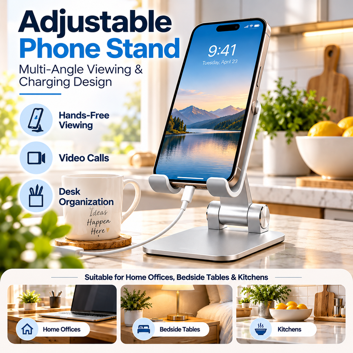 TRUPEM Adjustable Phone Stand | Multi-Angle Viewing & Charging Design | Supports Hands-Free Viewing, Video Calls & Desk Organization | Sturdy Lightweight Construction | Suitable for Home Offices, Bedside Tables & Kitchens