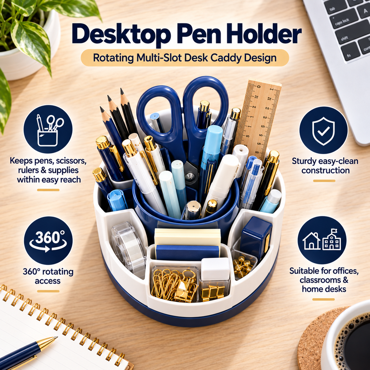TRUPEM Desktop Pen Holder | Rotating Multi-Slot Desk Caddy Design | Keeps Pens, Scissors, Rulers & Supplies Within Easy Reach | Sturdy Easy-Clean Construction | Suitable for Offices, Classrooms & Home Desks