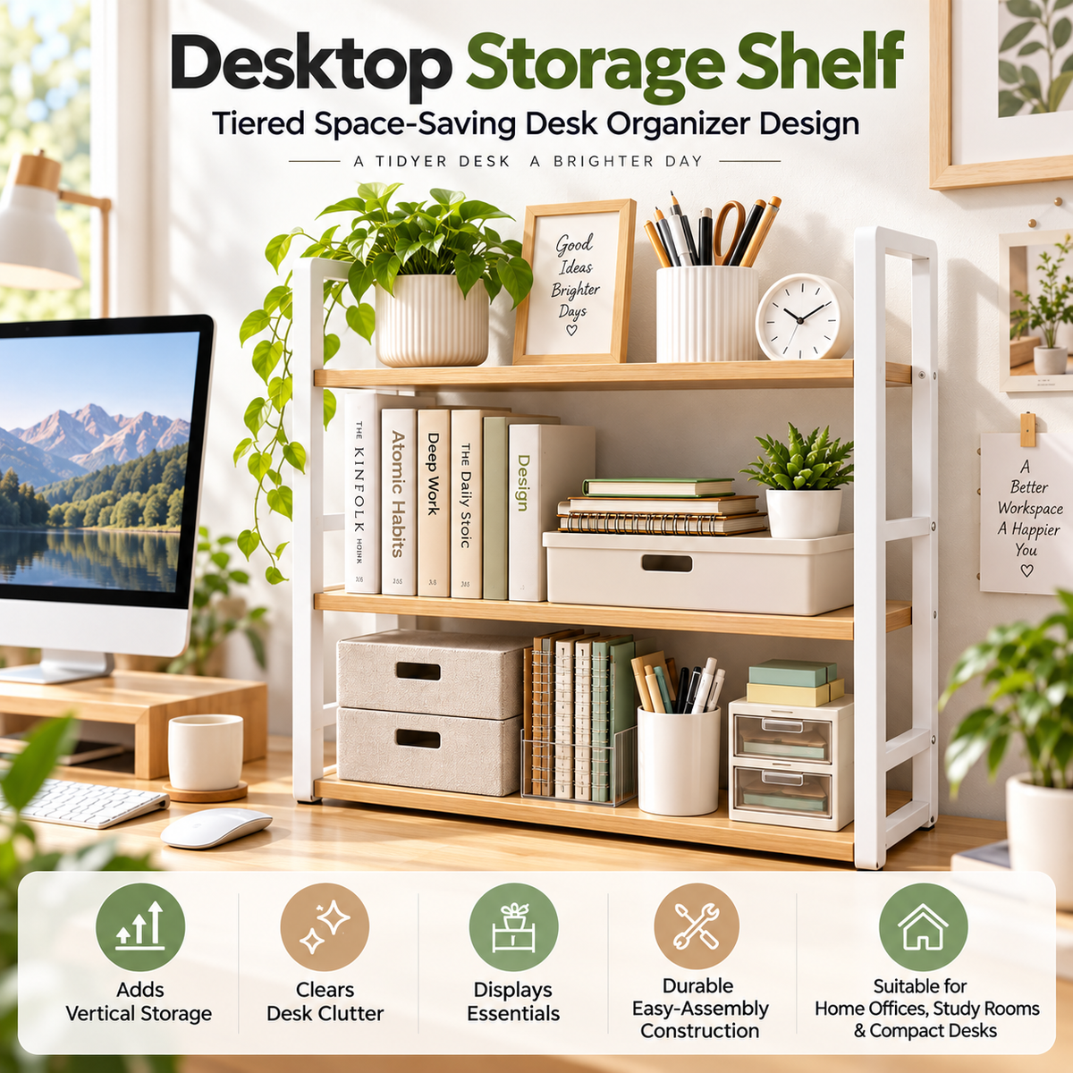TRUPEM Desktop Storage Shelf | Tiered Space-Saving Desk Organizer Design | Adds Vertical Storage, Clears Desk Clutter & Displays Essentials | Durable Easy-Assembly Construction | Suitable for Home Offices, Study Rooms & Compact Desks