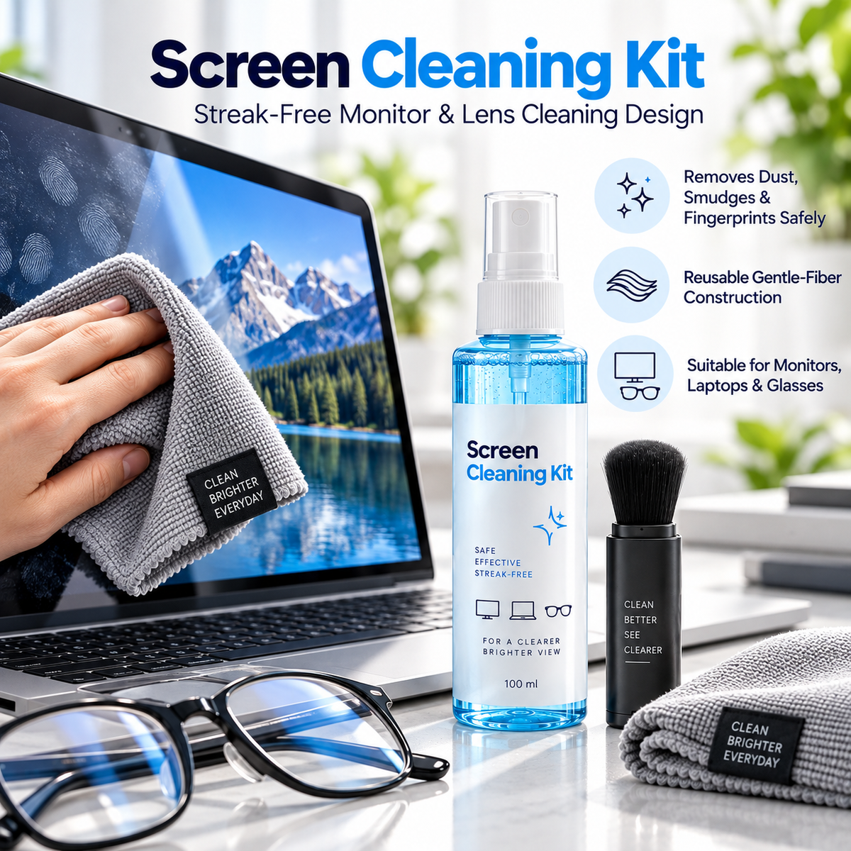 TRUPEM Screen Cleaning Kit | Streak-Free Monitor & Lens Cleaning Design | Removes Dust, Smudges & Fingerprints Safely | Reusable Gentle-Fiber Construction | Suitable for Monitors, Laptops & Glasses