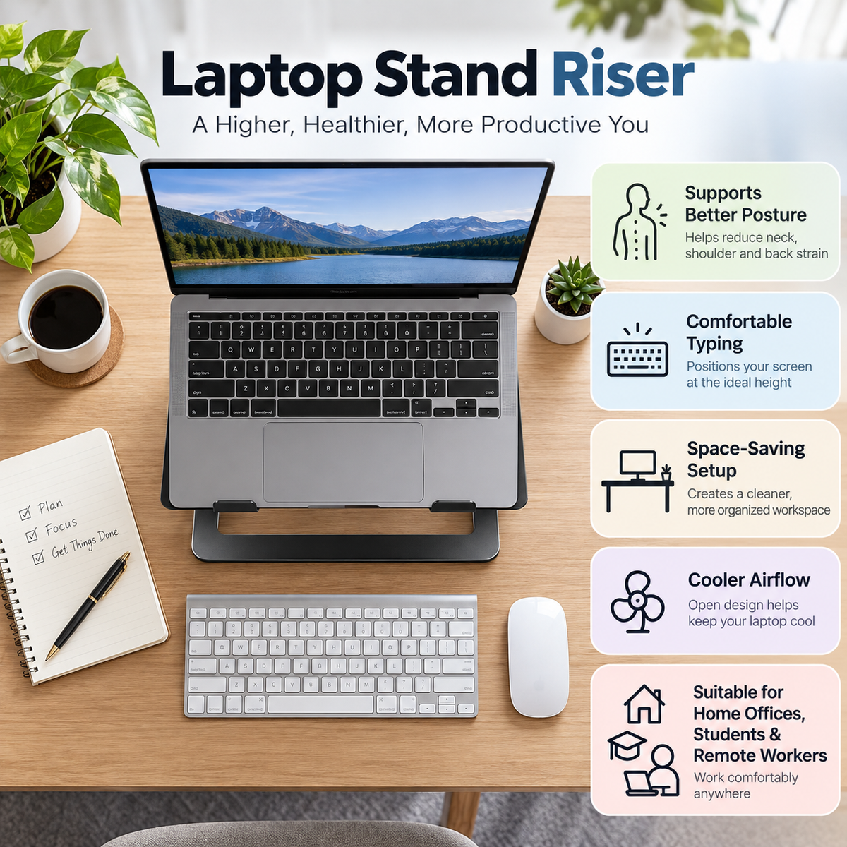 TRUPEM Laptop Stand Riser | Ergonomic Height-Adjustable Elevation Design | Supports Better Posture, Cooler Airflow & Comfortable Typing | Sturdy Foldable Construction | Suitable for Home Offices, Students & Remote Workers