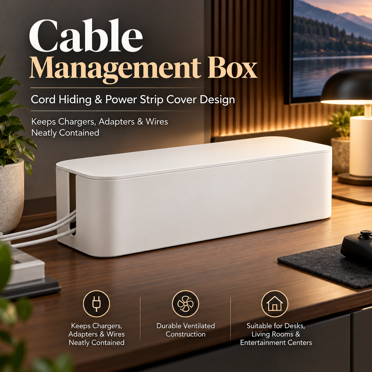 TRUPEM Cable Management Box | Cord Hiding & Power Strip Cover Design | Keeps Chargers, Adapters & Wires Neatly Contained | Durable Ventilated Construction | Suitable for Desks, Living Rooms & Entertainment Centers