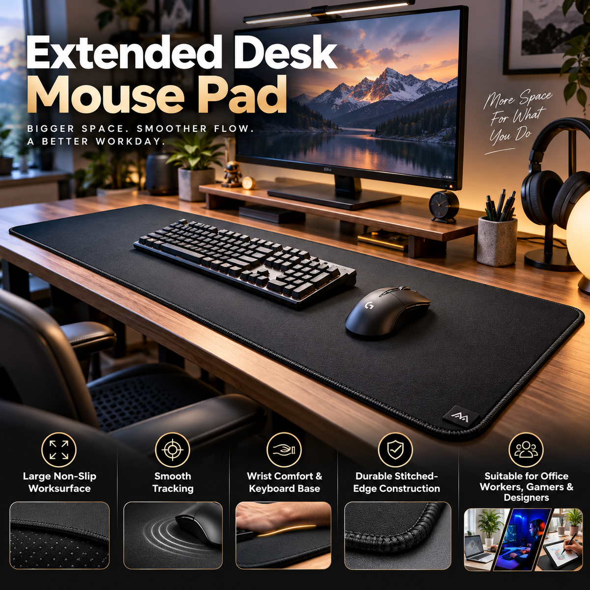 TRUPEM Extended Desk Mouse Pad | Large Non-Slip Worksurface Design | Provides Smooth Tracking, Wrist Comfort & Keyboard Base | Durable Stitched-Edge Construction | Suitable for Office Workers, Gamers & Designers