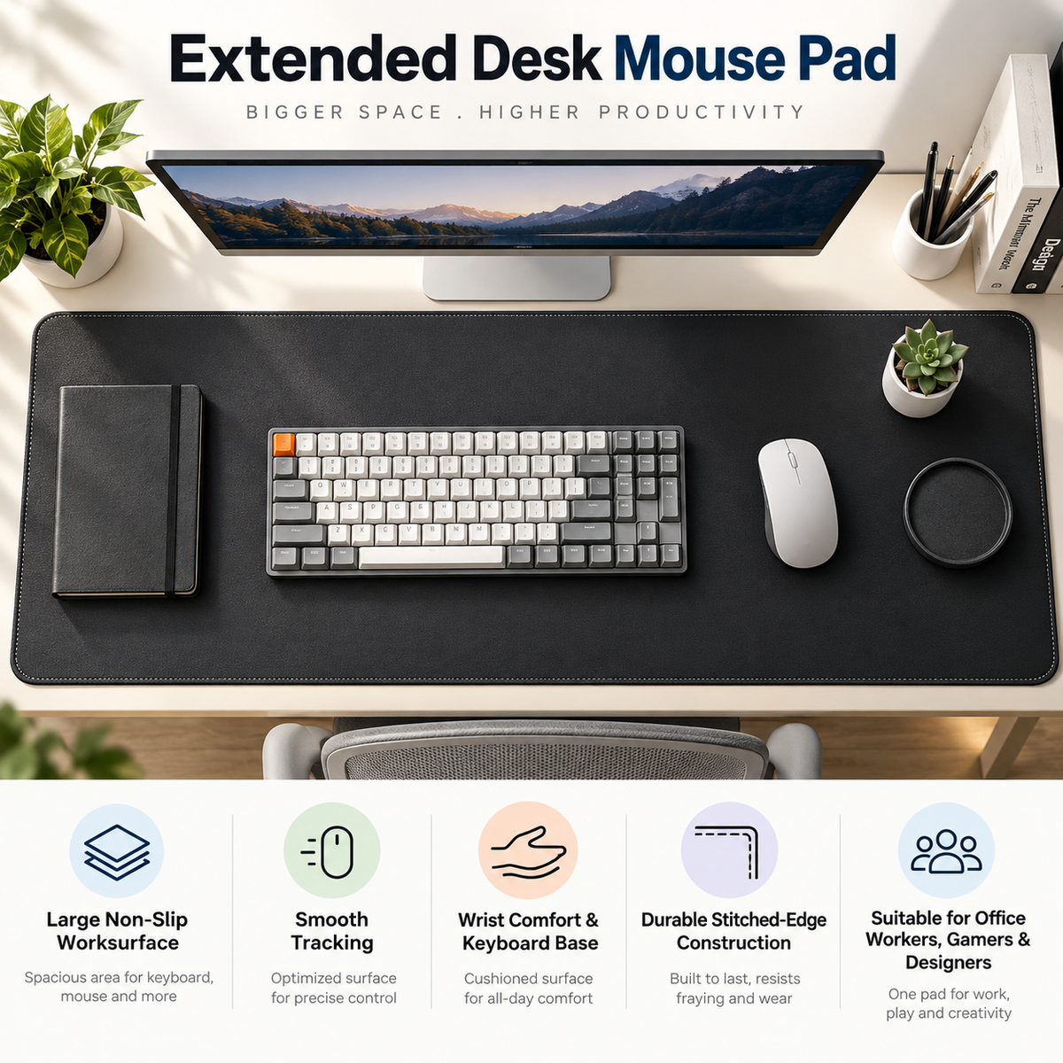 TRUPEM Extended Desk Mouse Pad | Large Non-Slip Worksurface Design | Provides Smooth Tracking, Wrist Comfort & Keyboard Base | Durable Stitched-Edge Construction | Suitable for Office Workers, Gamers & Designers