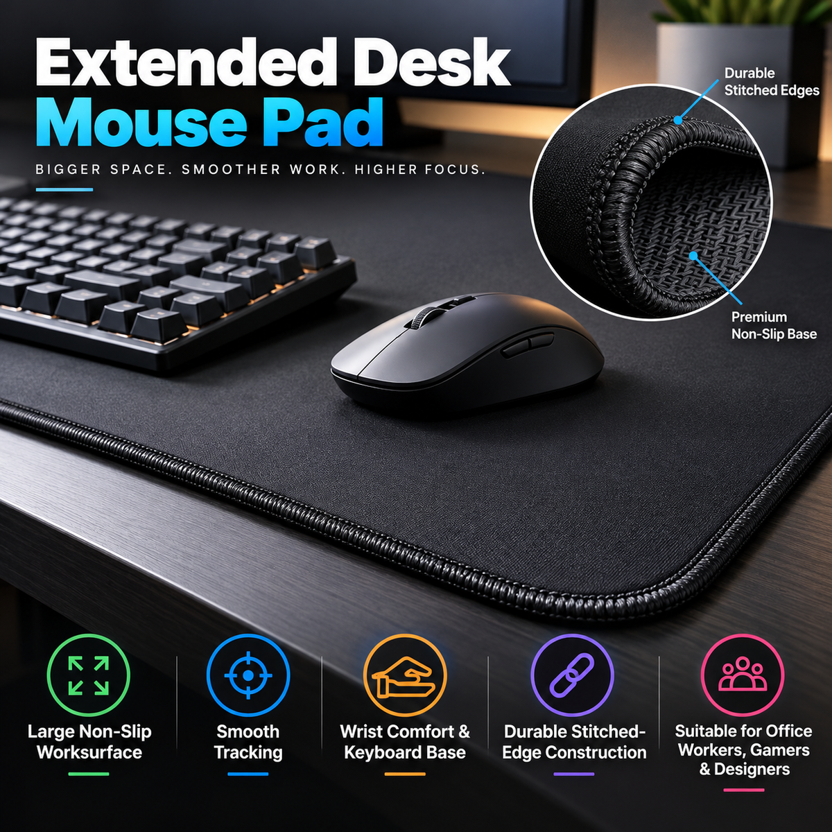 TRUPEM Extended Desk Mouse Pad | Large Non-Slip Worksurface Design | Provides Smooth Tracking, Wrist Comfort & Keyboard Base | Durable Stitched-Edge Construction | Suitable for Office Workers, Gamers & Designers