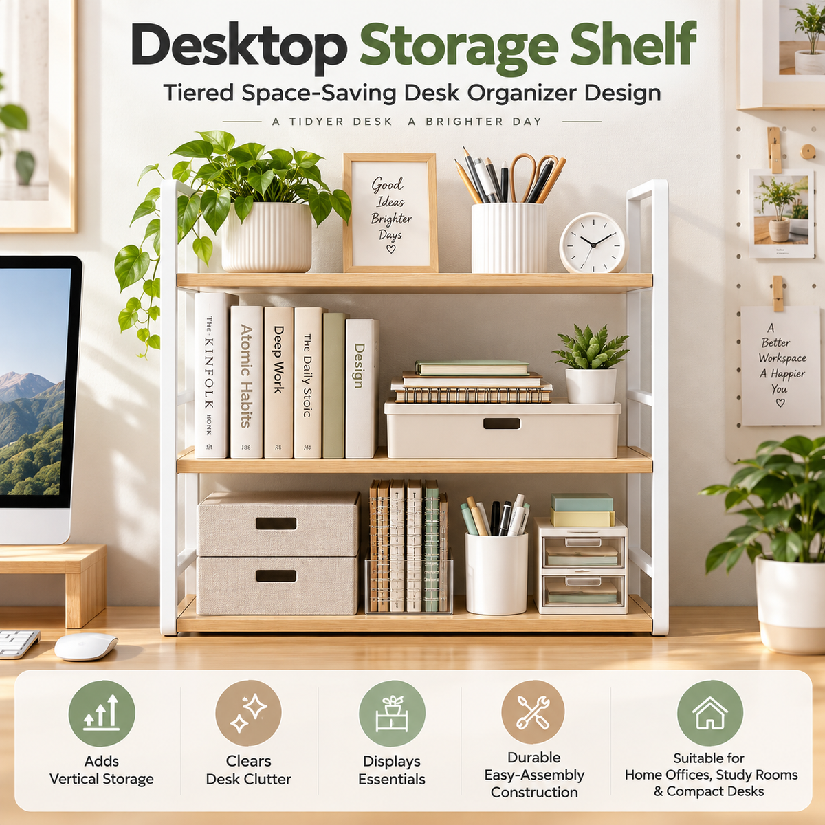 TRUPEM Desktop Storage Shelf | Tiered Space-Saving Desk Organizer Design | Adds Vertical Storage, Clears Desk Clutter & Displays Essentials | Durable Easy-Assembly Construction | Suitable for Home Offices, Study Rooms & Compact Desks