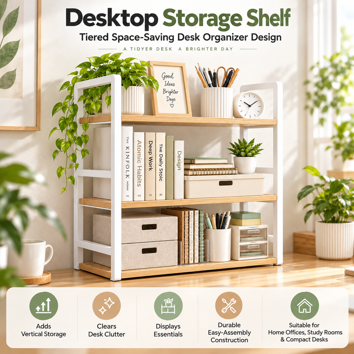 TRUPEM Desktop Storage Shelf | Tiered Space-Saving Desk Organizer Design | Adds Vertical Storage, Clears Desk Clutter & Displays Essentials | Durable Easy-Assembly Construction | Suitable for Home Offices, Study Rooms & Compact Desks