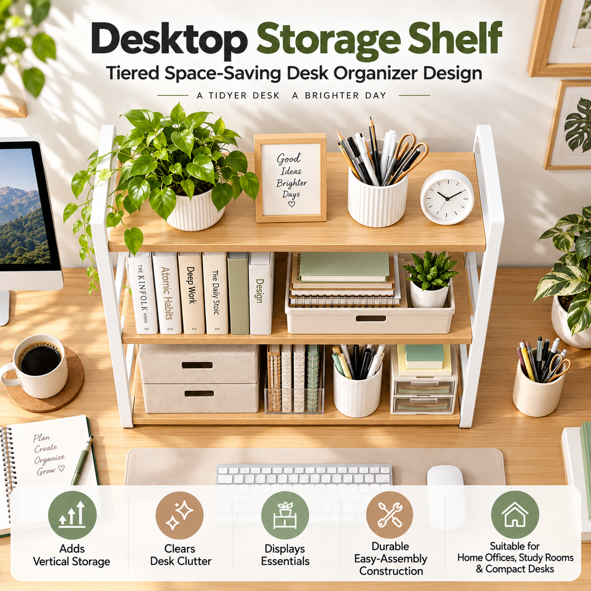 TRUPEM Desktop Storage Shelf | Tiered Space-Saving Desk Organizer Design | Adds Vertical Storage, Clears Desk Clutter & Displays Essentials | Durable Easy-Assembly Construction | Suitable for Home Offices, Study Rooms & Compact Desks